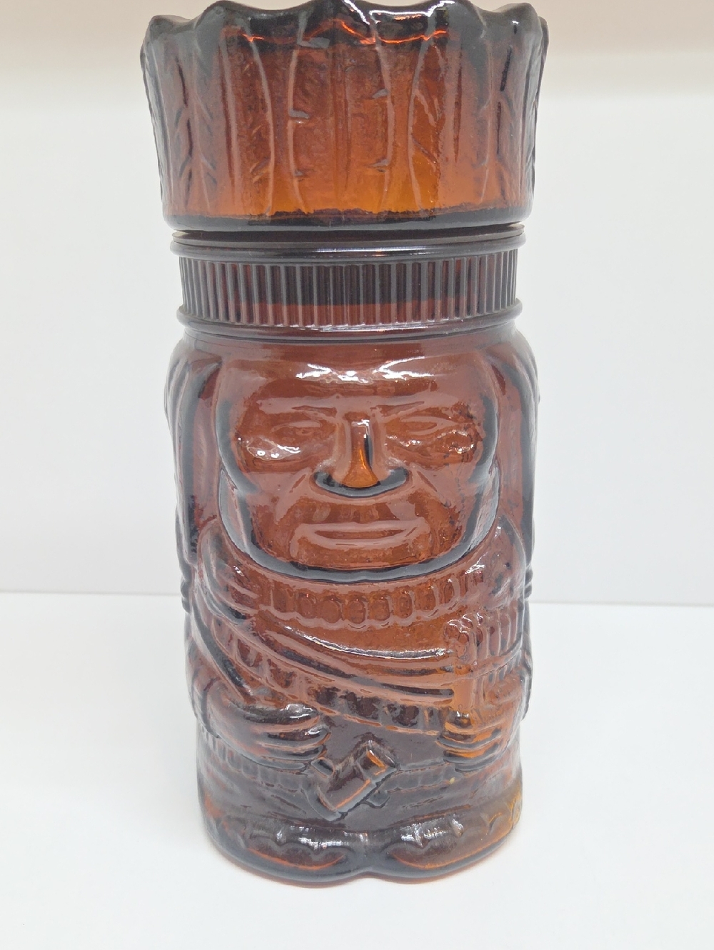Source Unknown  Vintage Native American Chief Amber Brown Glass Figurative Jar
